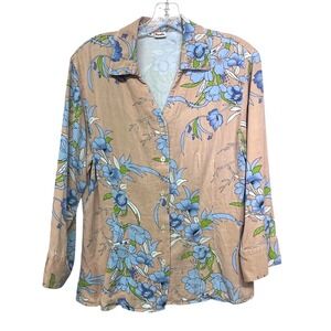 Tianello Suzy Blouse Tan Blue Floral Tencel Rayon Button Down Shirt USA Womens M